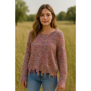 JODIFL Confetti Knit Distressed Fringe V Neck Sweater Women's Small
